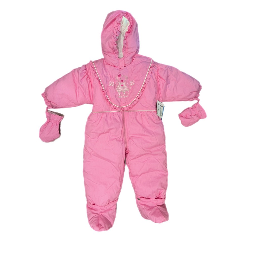 Vintage Baby Bgosh Pink Hooded Snowsuit Embroidered Bear Mittens 24M NWT
